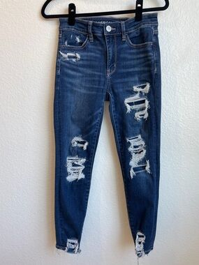 American Eagle Outfitters Dark Indigo Distressed Hi-Rise Jegging Crop Jeans • 4